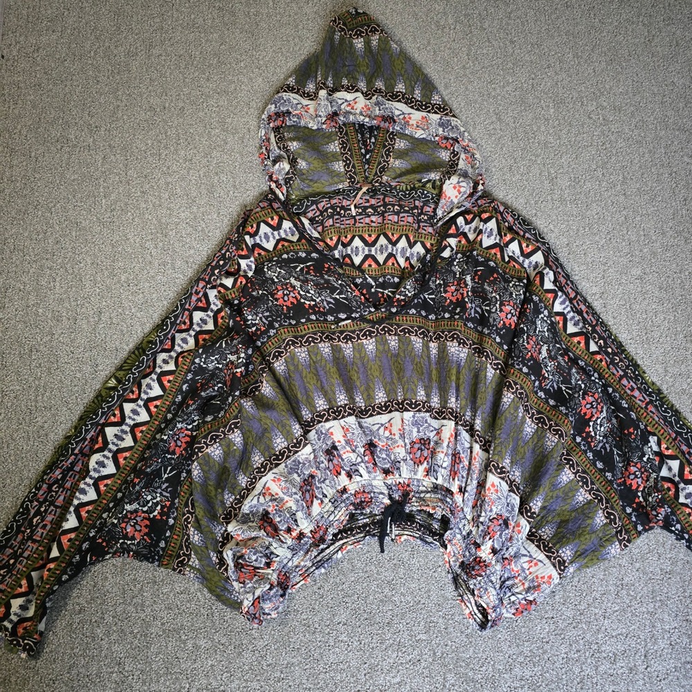 Free People M Hooded Poncho Tunic Mixed Print Cotton Boho Festival Kaftan Top